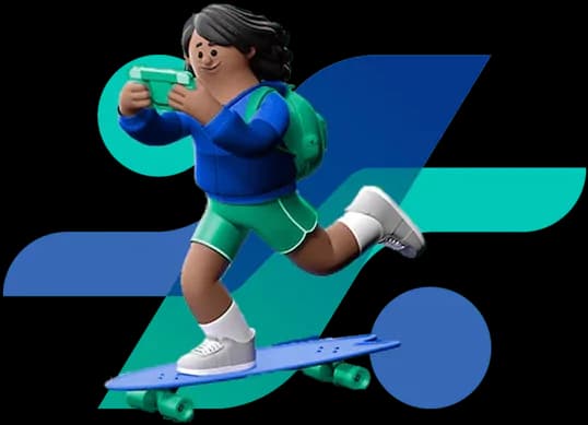 Personagem pegatroco andando de skate e utilizando celular